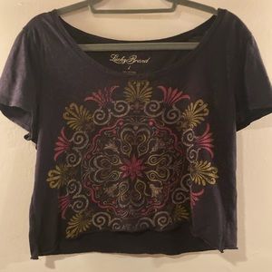 Lucky Brand Large navy crop top t shirt with wide neck mandala pattern